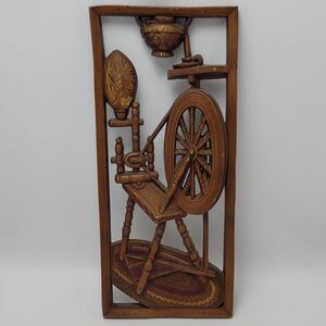 Vintage Burwood Plaque MCM Decor Wall Hanging Brown Wood Spinning Wheel